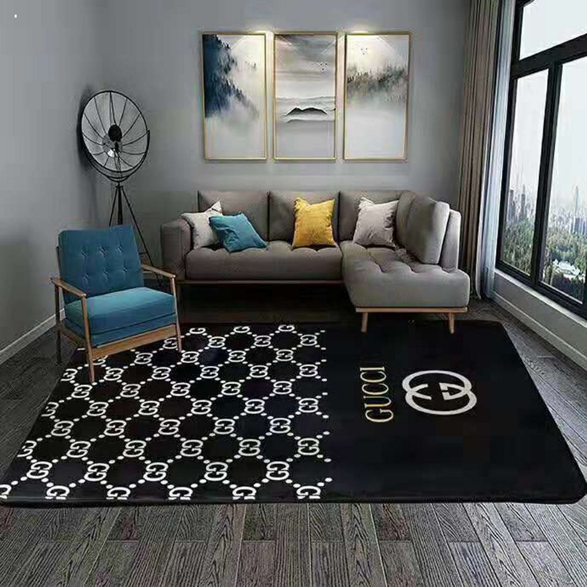 Gucci Black Mix Printing White Logo Luxury Brand Carpet Rug Limited Edition
