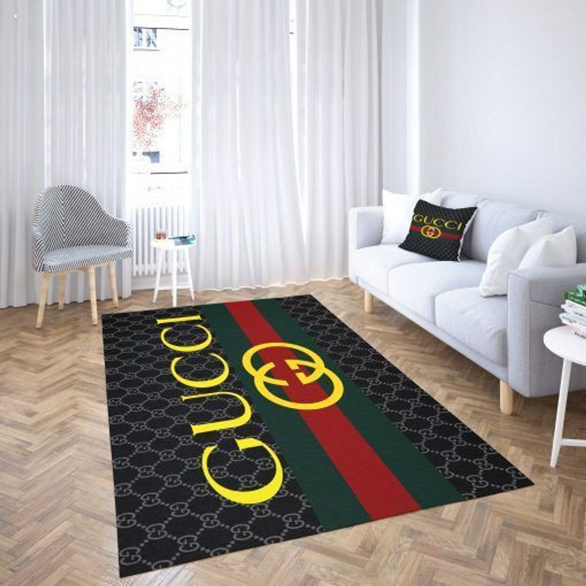 Gucci Black Stripe Mix Gold Logo For Living Room Bedroom Luxury Brand Carpet Rug Limited Edition Luxury Store