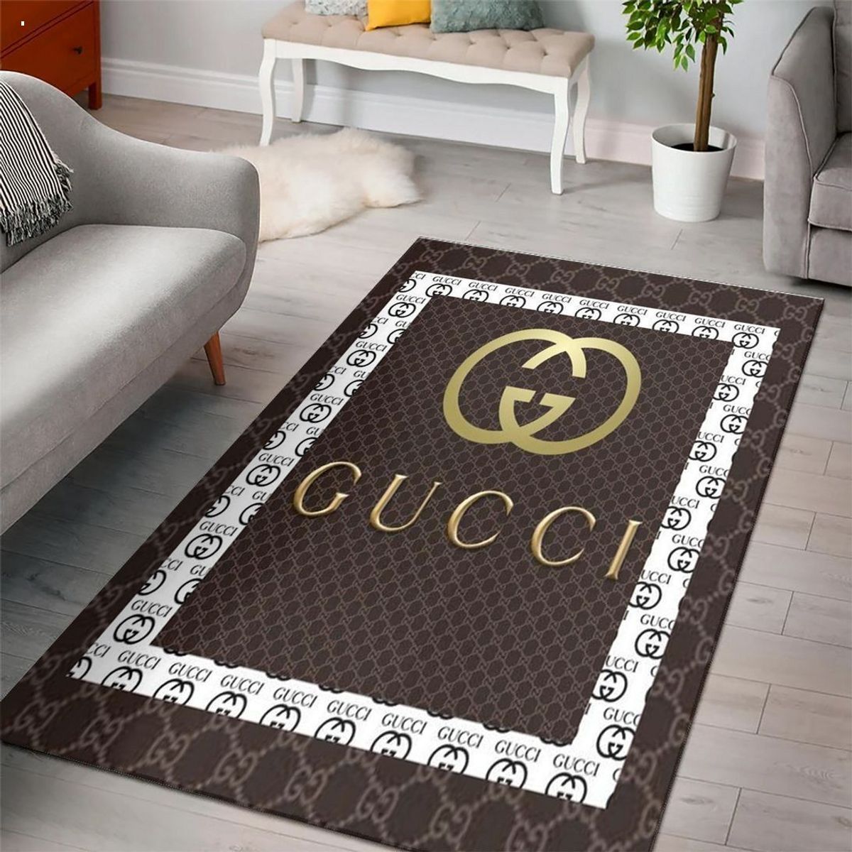 Gucci Brown Full Priting Logo For Living Room Bedroom Luxury Brand Carpet Rug Limited Edition Luxury Store