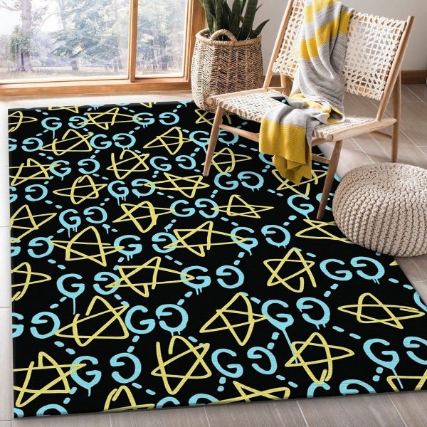 Gucci Star Blue Gold Luxury Brand Carpet Rug Limited Edition