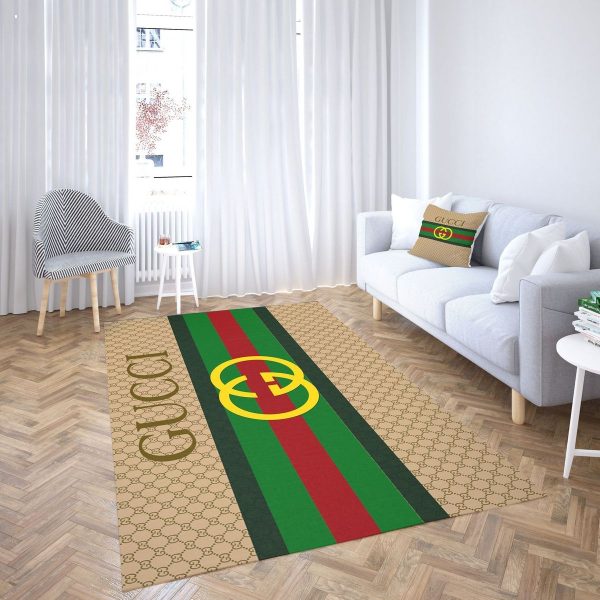 Gucci Stripe Brown Mix Gold Logo Luxury Brand Carpet Rug Limited Edition