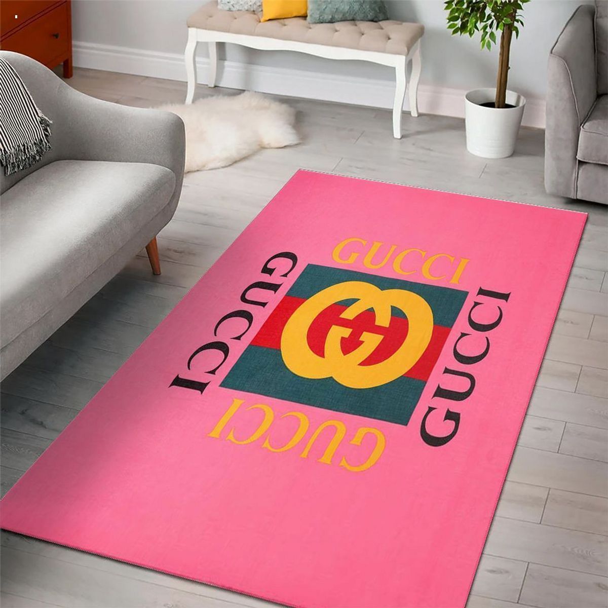 Guccu Pink Mix Gold Logo Luxury Brand Carpet Rug Limited Edition