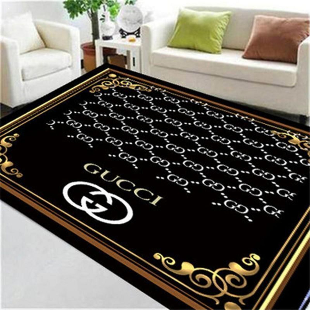 HOT Gucci Black Mix Printing Pattern Luxury Brand Carpet Rug Limited Edition Luxury Store