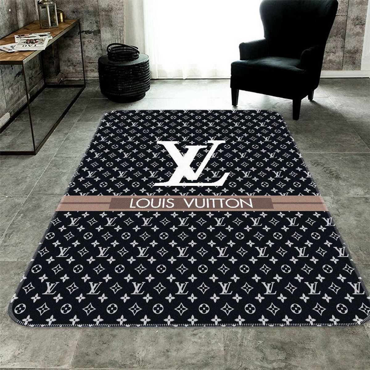 Louis Vuitton Black Mix Printing White Logo Luxury Brand Carpet Rug Limited Edition Luxury Store