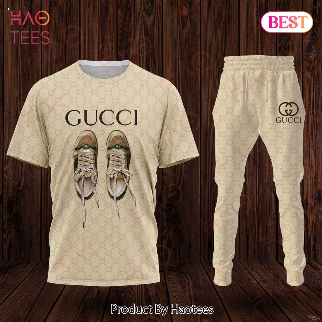 Gucci Brown Logo Mix Beige Colored Luxury Brand T-Shirt And Pants Limited Edition