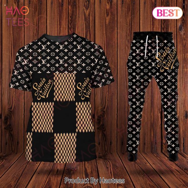 Louis Vuitton Black Mix Printing Logo Luxury Brand T-Shirt And Pants Limited Edition