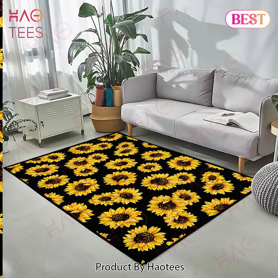 Beautiful Sunflower Black Background Durable Area Rugs Carpet Mat Kitchen Rugs Floor Decor