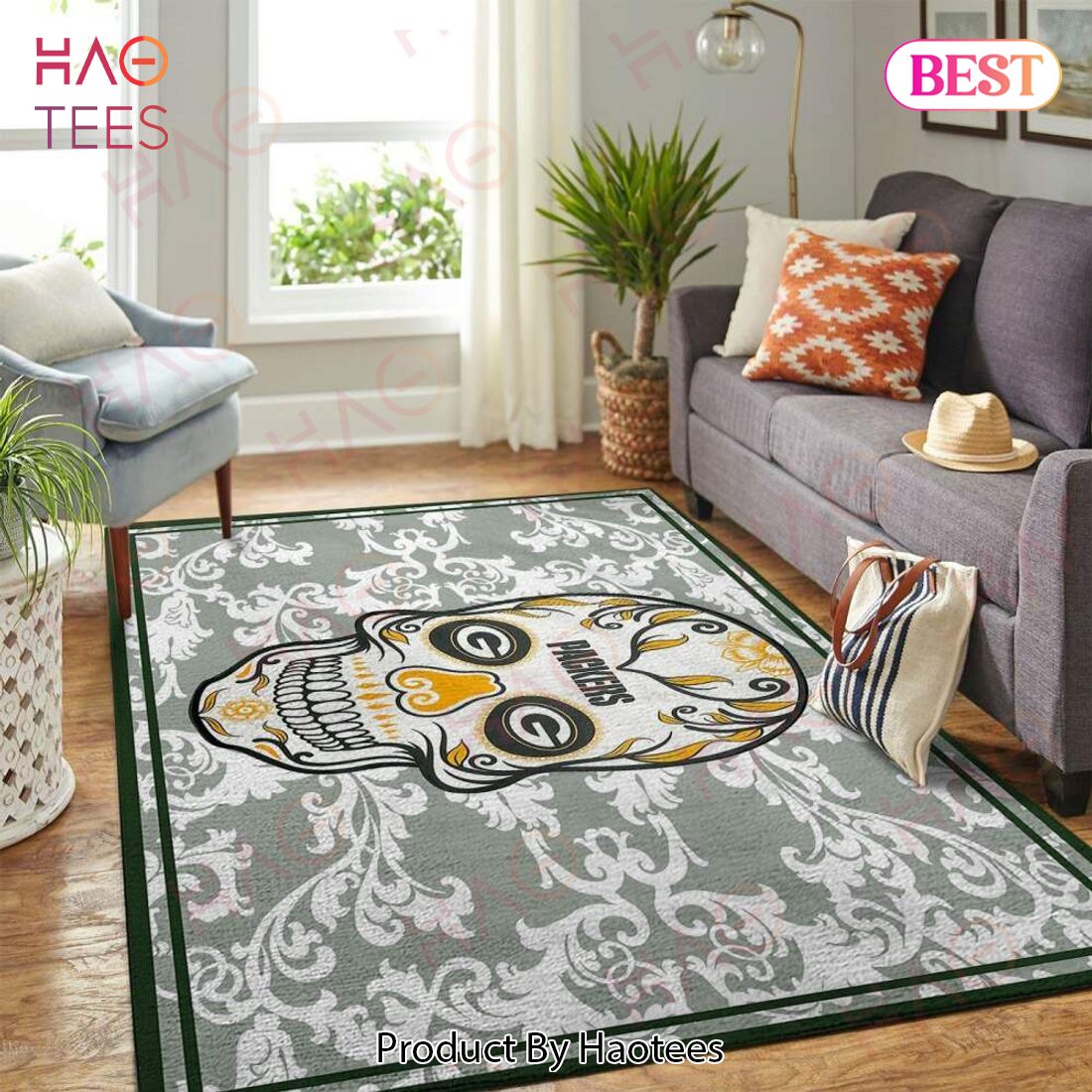 Green Bay Packers Nfl Area Rugs Skull Flower Style Living Room Carpet Sports Rug Regtangle Carpet Floor Decor Home Decor