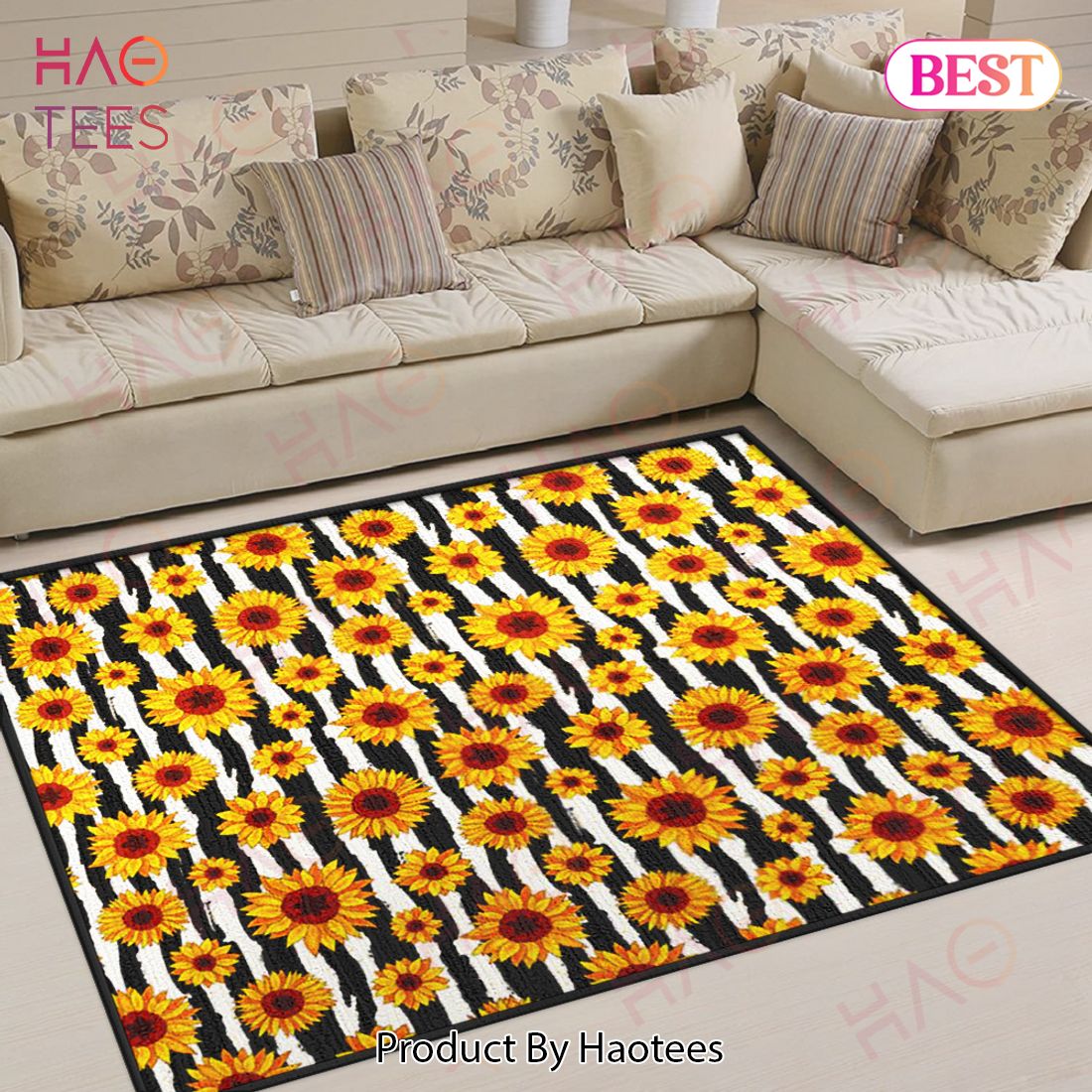 White And Black Stripe Sunflower Area Rugs Carpet Mat Kitchen Rugs Floor Decor