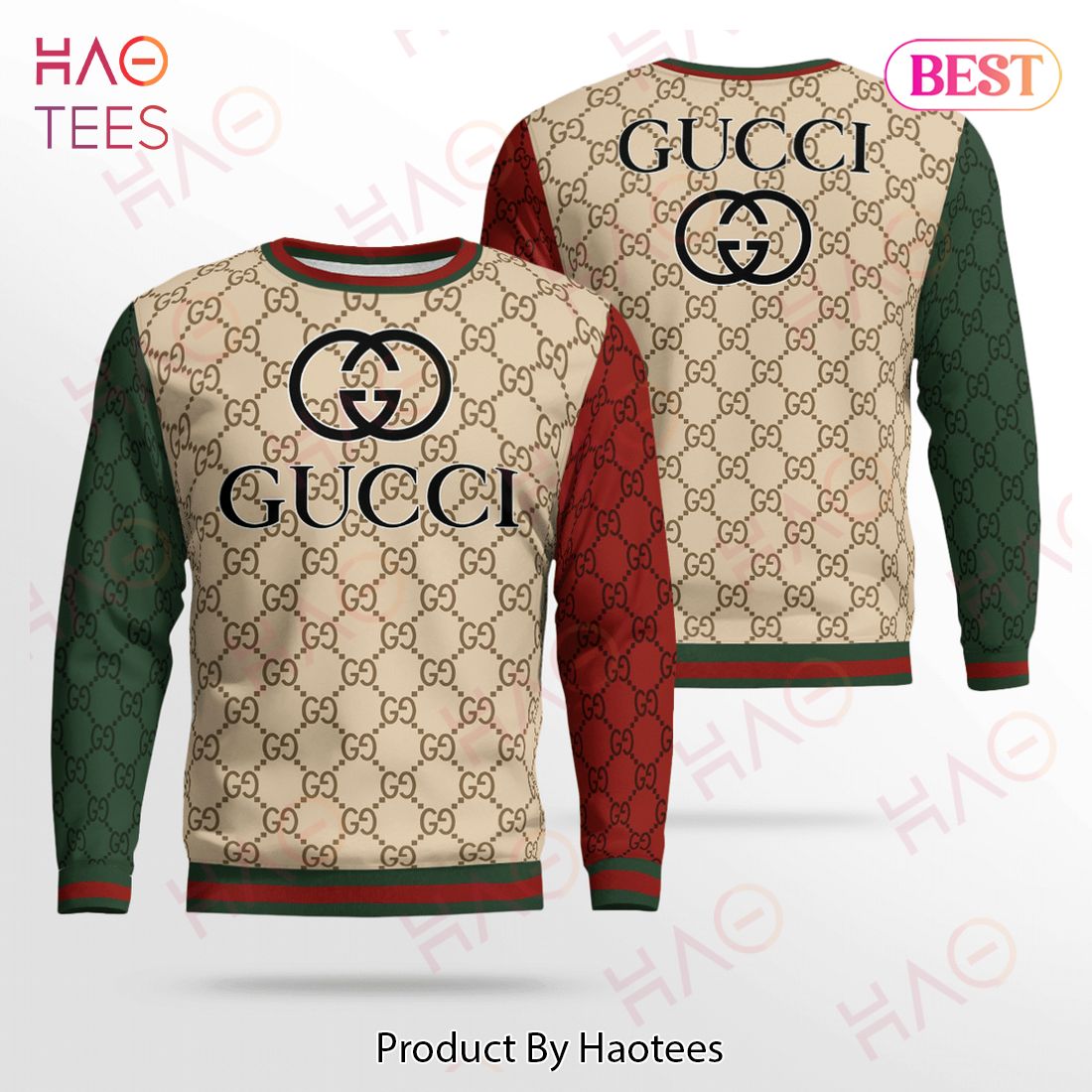 Best Gucci Gg Logo Brown Red And Green 3D Ugly Sweater Limited Edition