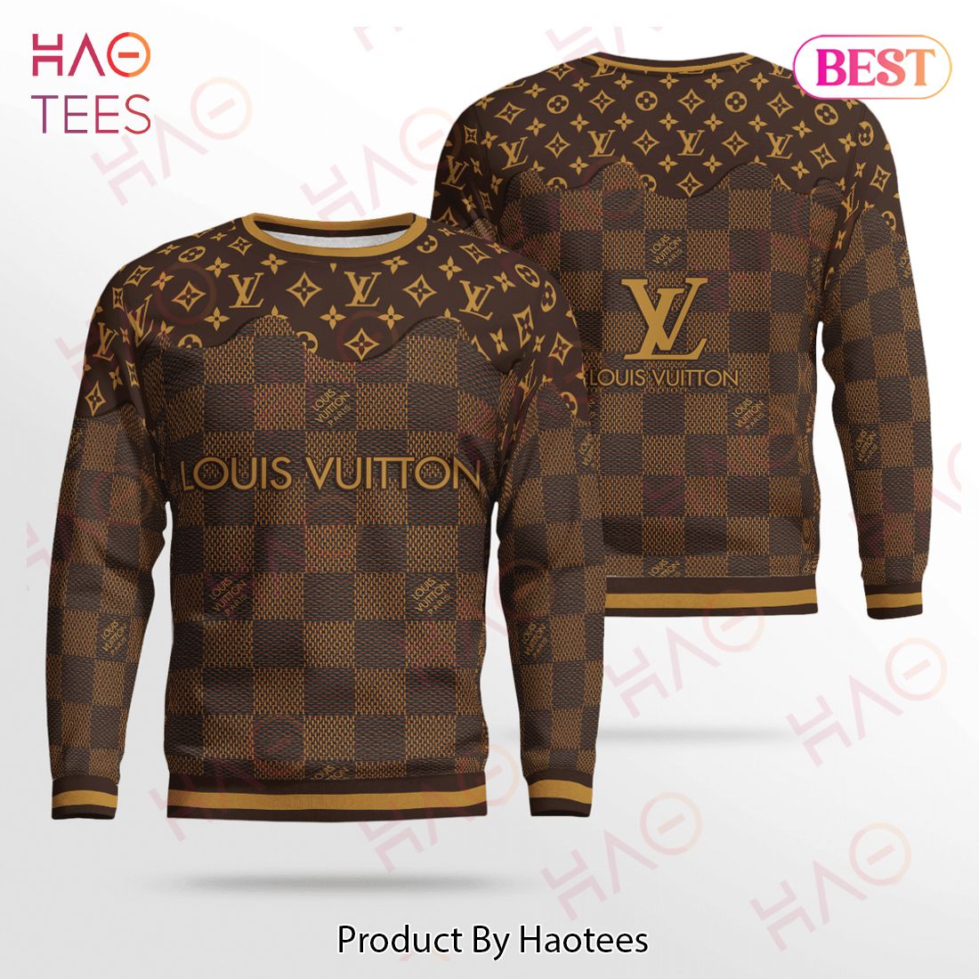 Louis Vuitton Dark Brown Monogram And Checkerboard Ugly Christmas Sweater