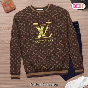 Louis Vuitton Dark Brown Monogram With Gold Logo Center Ugly Christmas Sweater