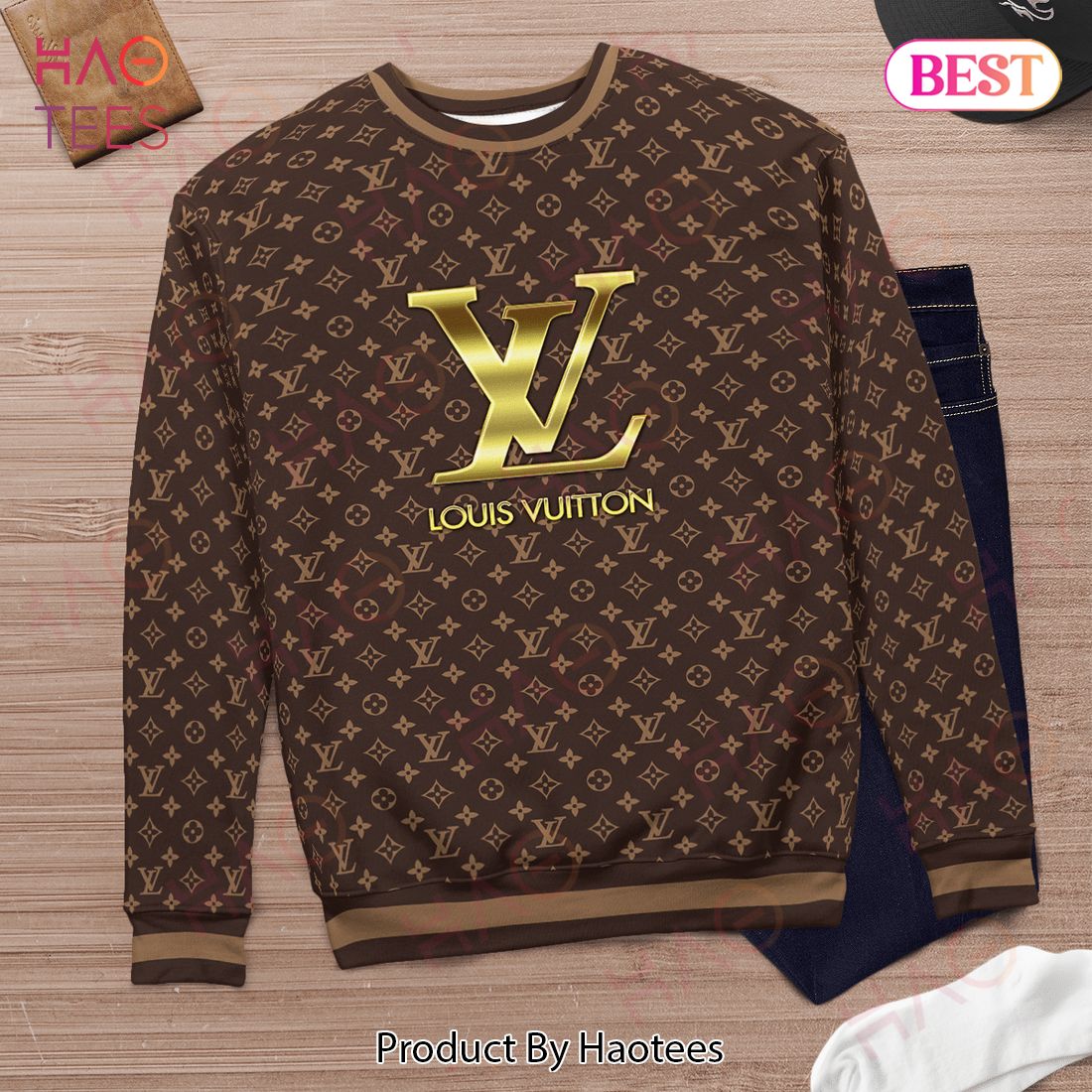 Louis Vuitton Dark Brown Monogram With Gold Logo Center Ugly Christmas  Sweater