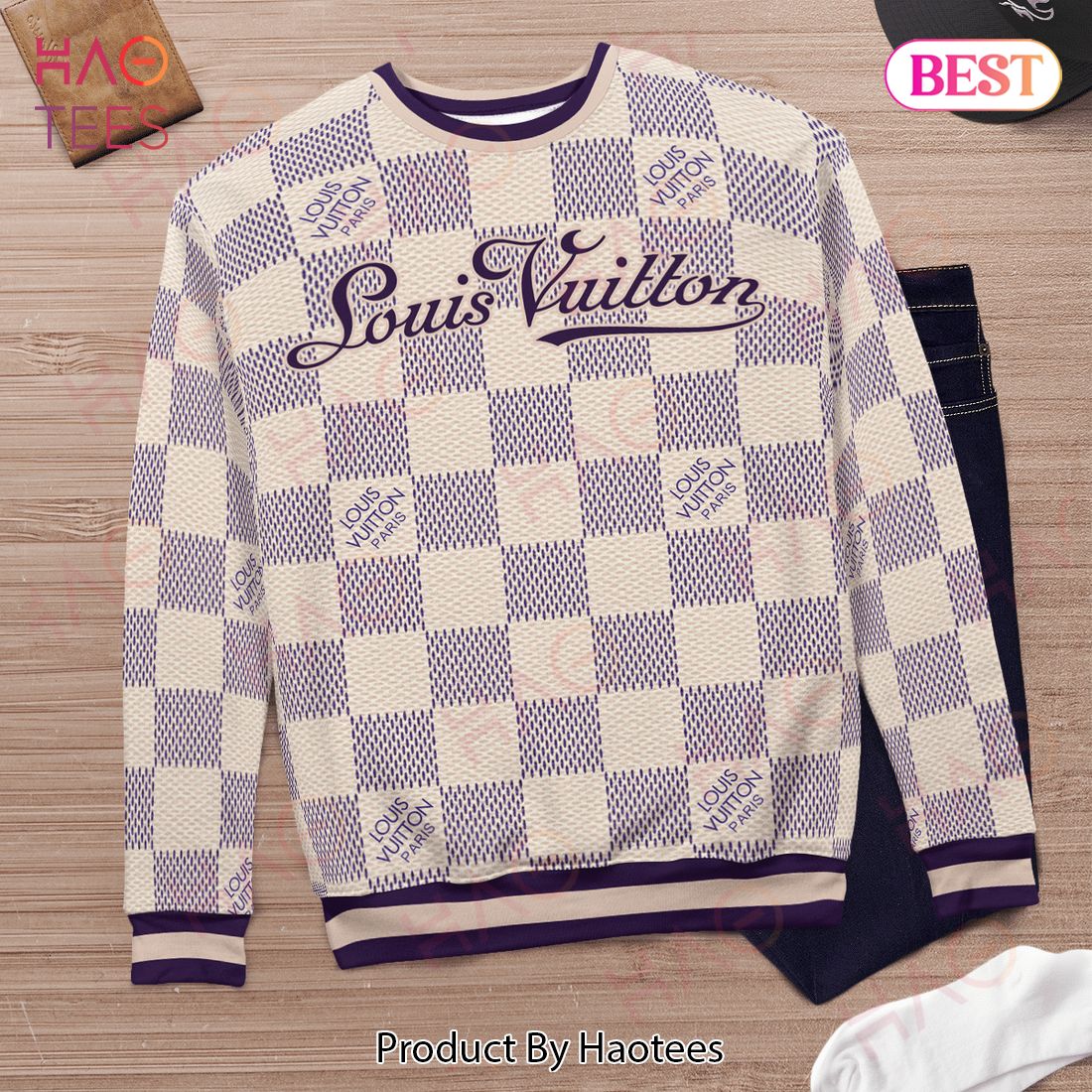 Louis Vuitton Purple And Beige Checkerboard Ugly Christmas Sweater