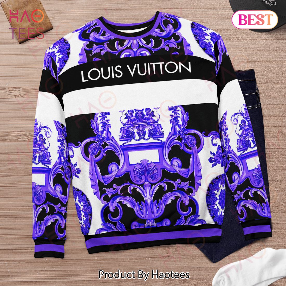 Best Louis Vuitton Purple Multi Baroque Print Ugly Christmas Sweater Limited Edition