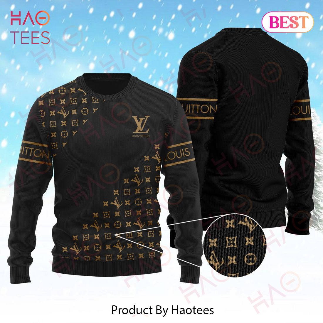 Best Luxury Lv Strip Gold In Black Xmas Ugly Sweater Christmas Gift Limited Edition