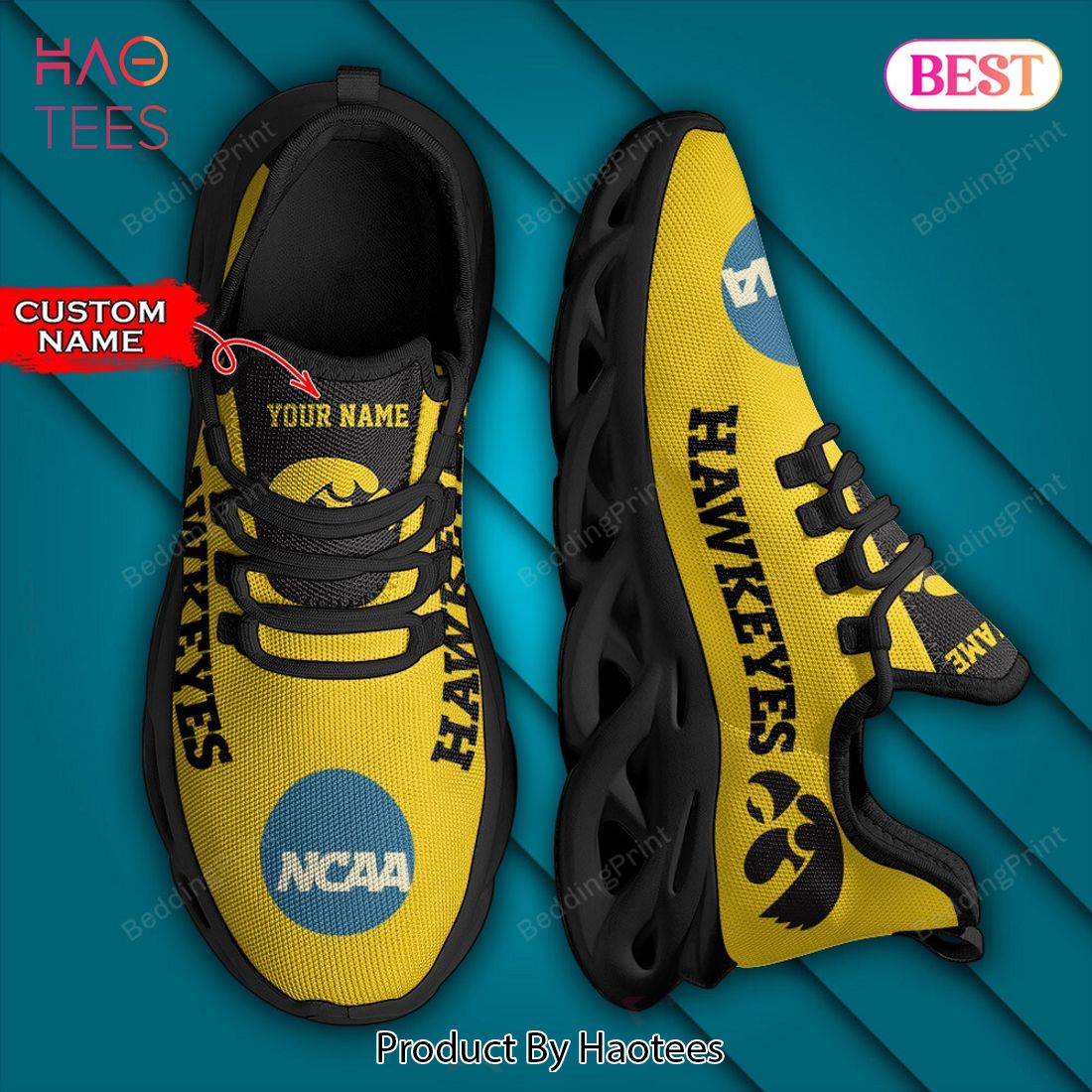NCAA Lowa Hawkeyes Personalized Black Gold Max Soul Shoes