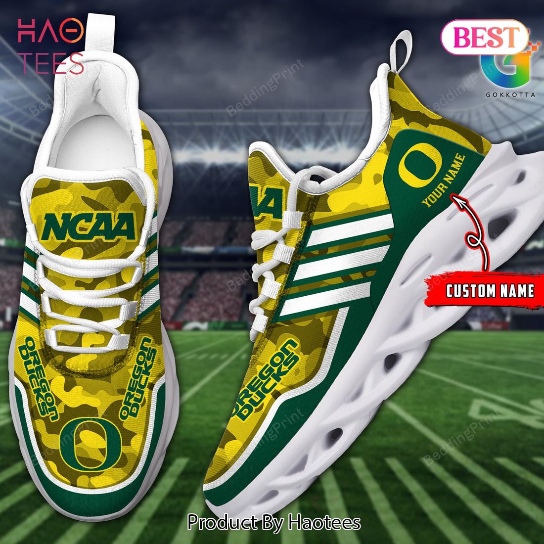 Oregon Ducks Personalized Gold Mix Green Max Soul Shoes