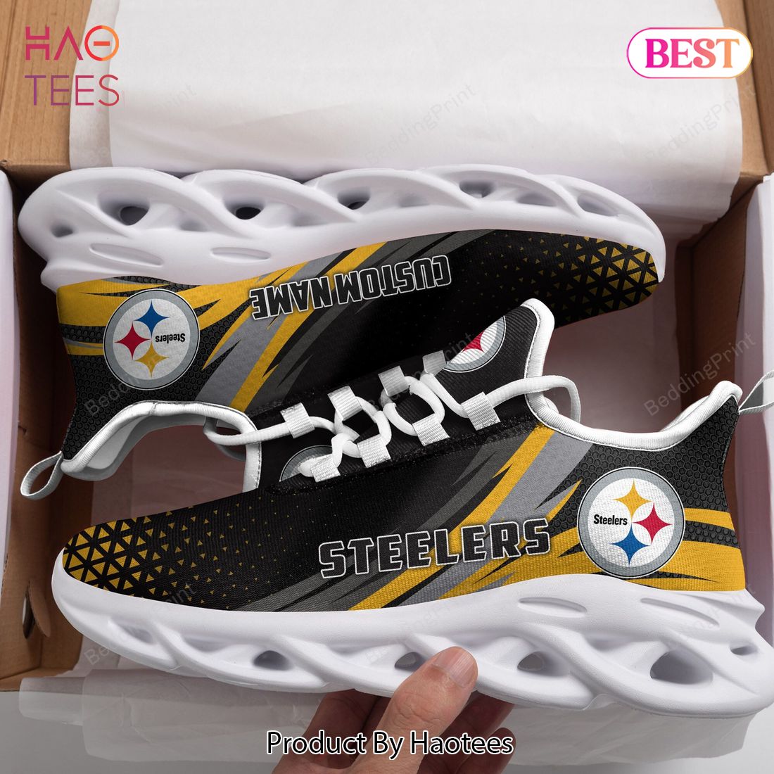 Pittsburgh Steelers Triangle Custom Name Blacl Gold Max Soul Shoes