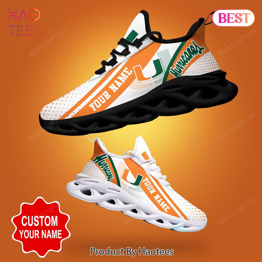 Miami Hurricanes NCAA Personalized White Green Orange Max Soul Shoes