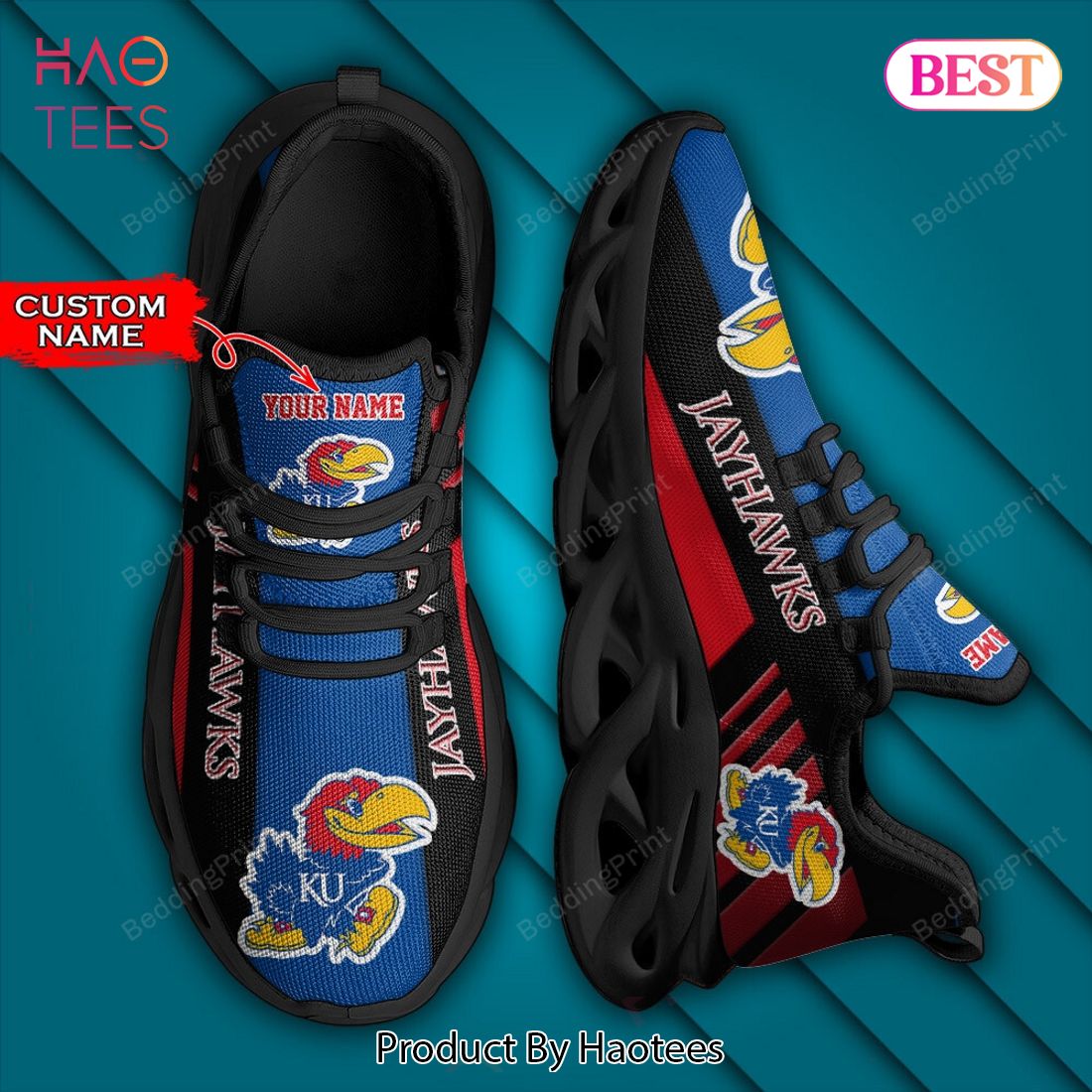 NCAA Kansas Jayhawks Personalized Black Blue Red Max Soul Shoes