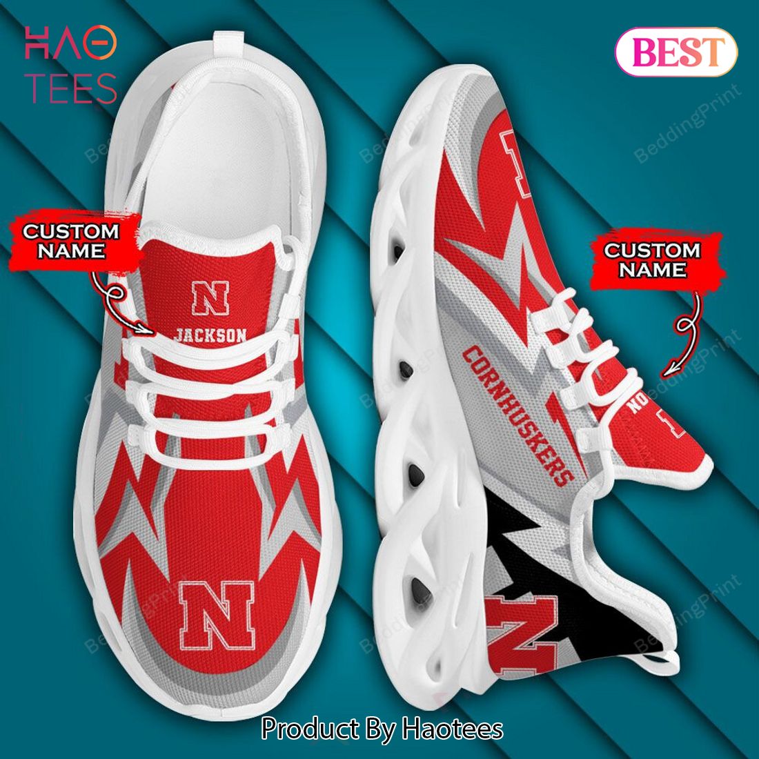 NCAA Nebraska Cornhuskers Personalized Red Mix Grey Max Soul Shoes