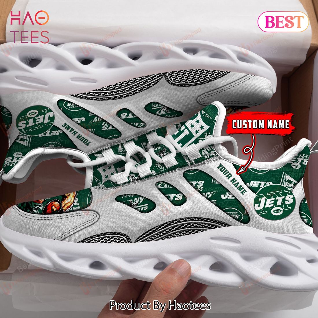 New York Jets Personalized White Green Grey Max Soul Shoes