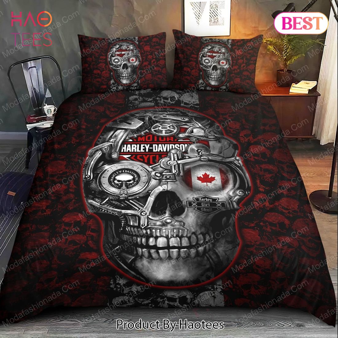 Buy Big Skulls Harley Davidson And Canada Flag Bedding Sets Bed Sets, Bedroom Sets, Comforter Sets, Duvet Cover, Bedspread Luxury Store