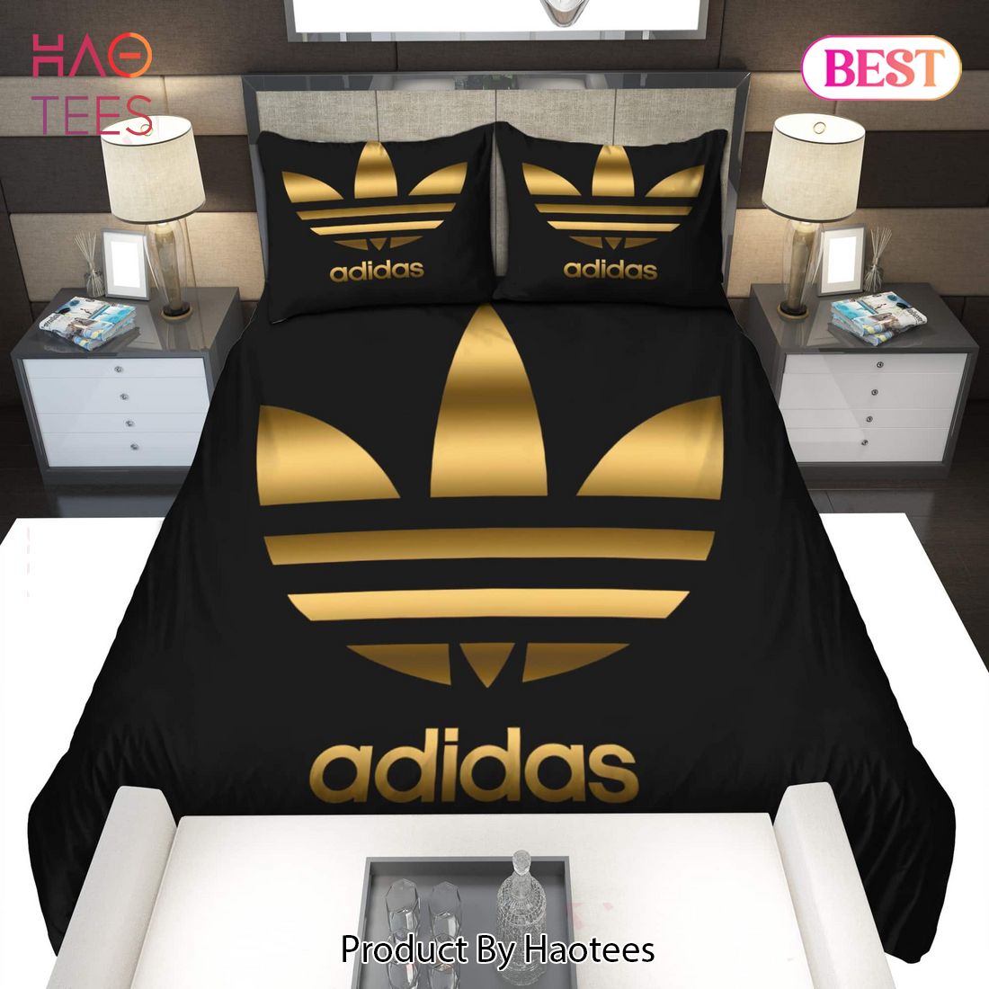 Buy Gold Adidas Logo Bedding Set Bed Sets, Bedroom Sets, Comforter Sets, Duvet Cover, Bedspread Luxury Store