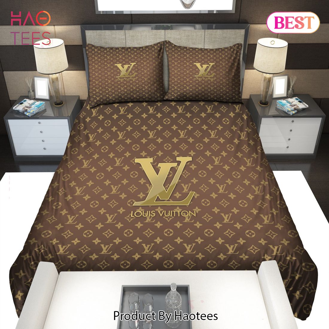 Louis Vuitton Luxury Brown Monogram With Golden Box Frame Bedding