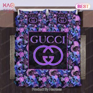 Luxury Gucci Black Skull With Rose Gold Logo Monogram Background Bedding Set