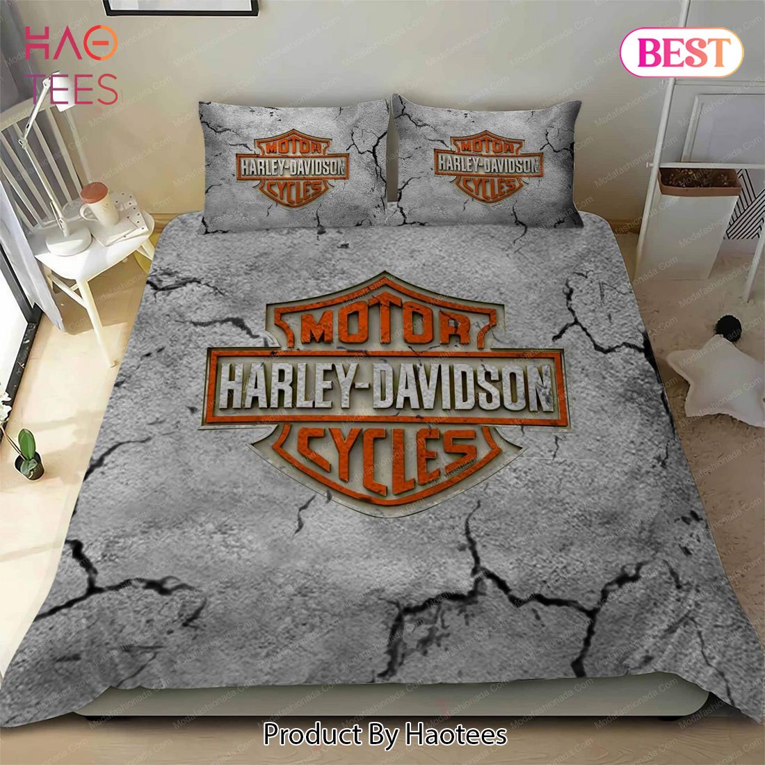 Buy Harley Davidson Gold White Motorcycles Logo 79 Bedding Set Bed Sets, Bedroom Sets, Comforter Sets, Duvet Cover, Bedspread Luxury Store