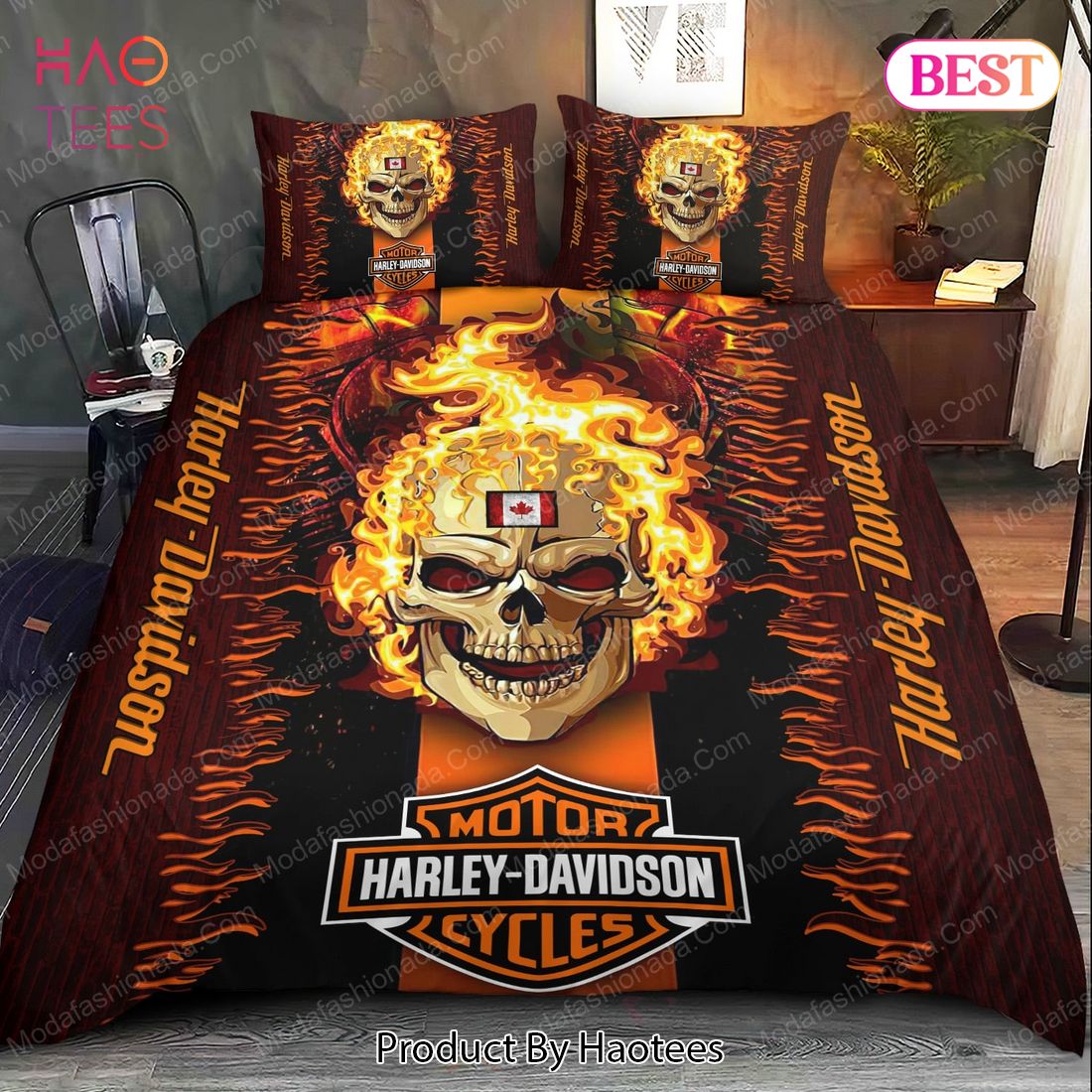 Buy Harley Davidson Skull Fire Canadian Flag Bedding Sets Bed Sets, Bedroom Sets, Comforter Sets, Duvet Cover, Bedspread Luxury Store