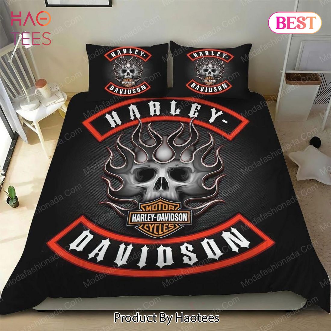 Buy Harley Davidson With Big Fire Skull And Motorcycyles Logo 57 Bedding Set Bed Sets, Bedroom Sets, Comforter Sets, Duvet Cover, Bedspread Luxury Store