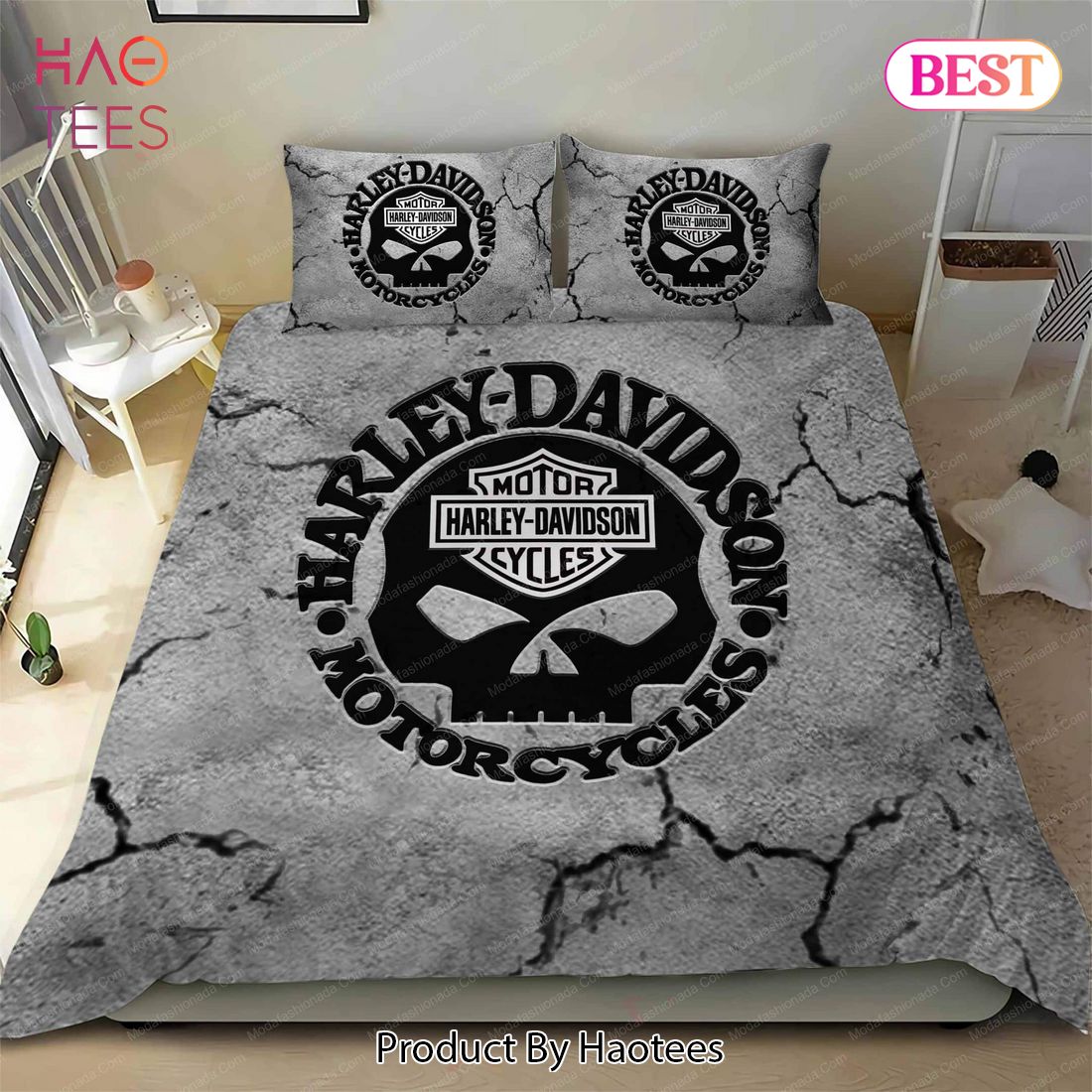 Buy Harley Davidson With Skull Motorcycles Logo Broken Wall Background 96 Bedding Set Bed Sets, Bedroom Sets, Comforter Sets, Duvet Cover, Bedspread Luxury Store