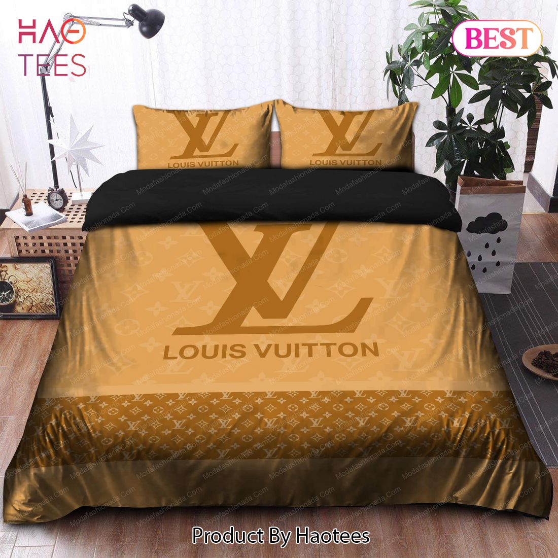 Golden Louis Vuitton luxury bedding set
