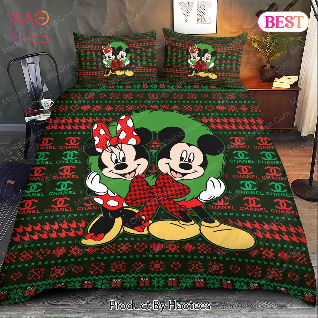 Buy Mickey And Minnie Pattern Chanel Merry Christmas Bedding Sets Bed Sets, Bedroom Sets, Comforter Sets, Duvet Cover, Bedspread Luxury Store