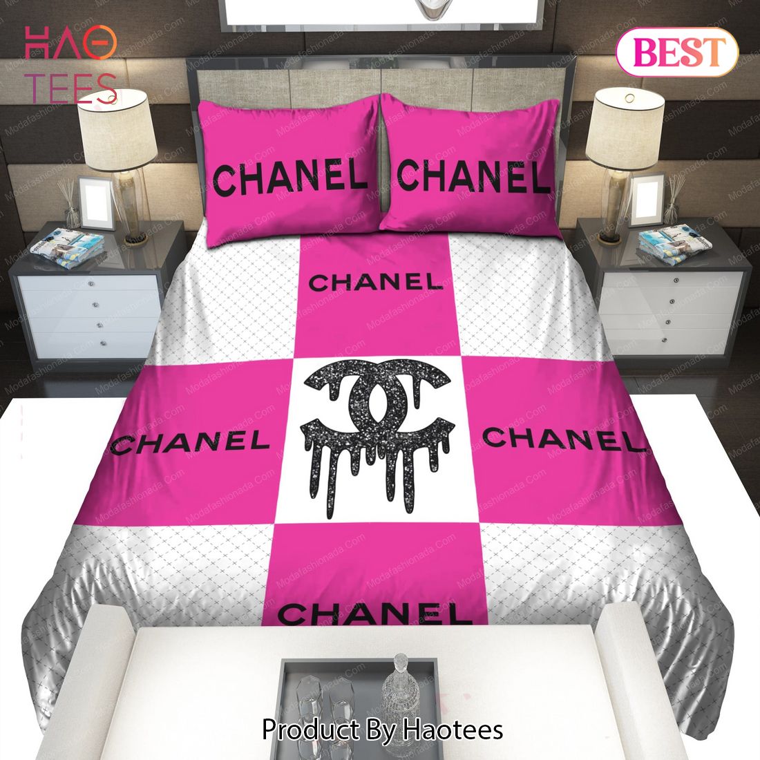 pink and black chanel bedroom decor