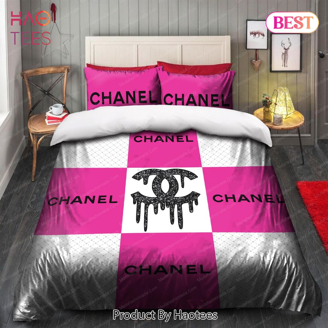 Dark Pink/Gray Chanel Bedding Set