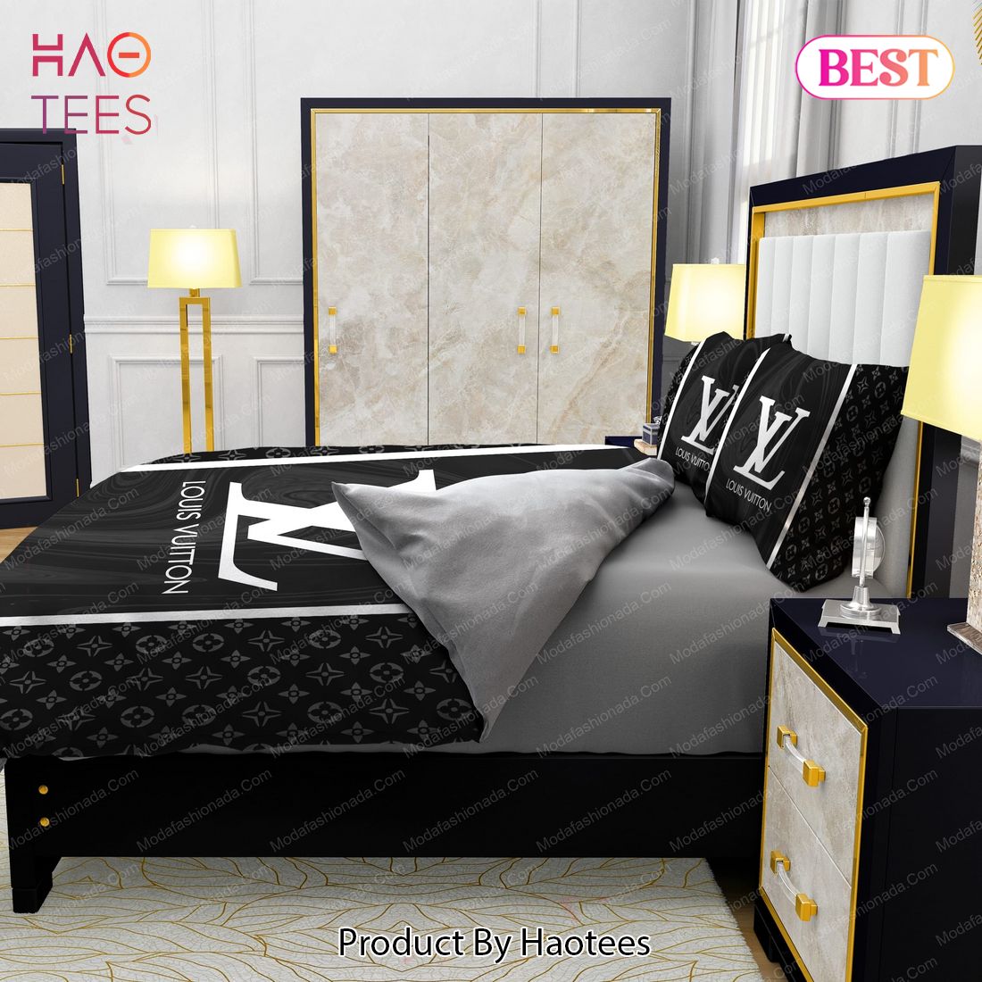 Black Veinstone Bedroom Duvet Cover Louis Vuitton Bedding Set - Binteez