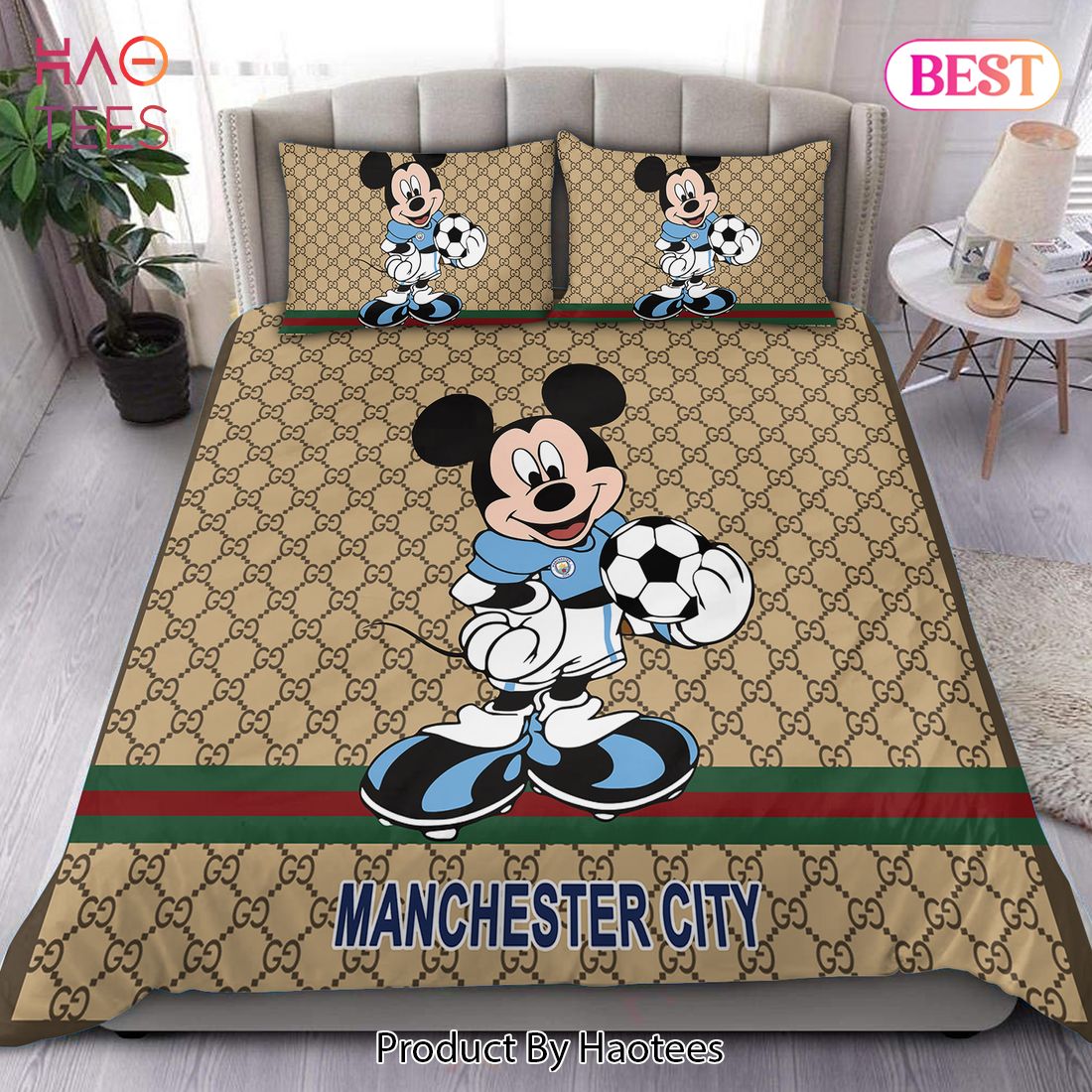 Man City Gucci Mickey Bedding Set Duvet Cover Bedroom Sets Luxury Brand Bedding New Fashion