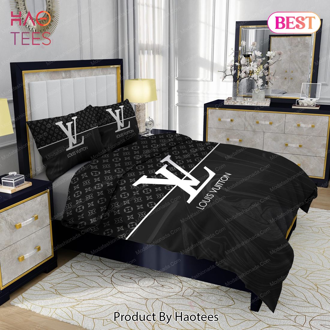 Louis Vuitton Black and White Monogram Comforter Bedding Set