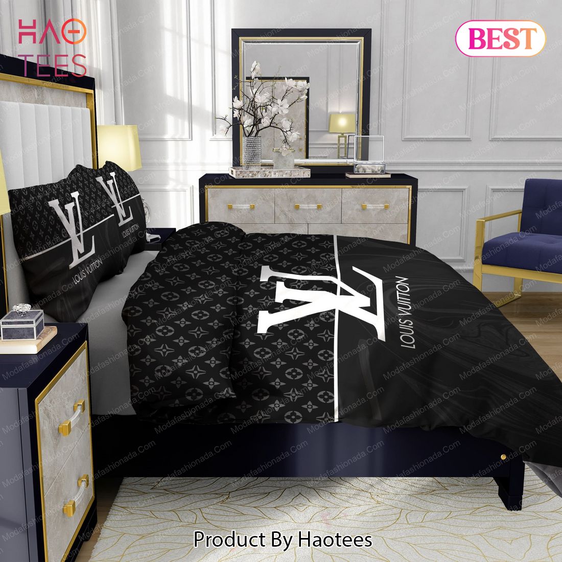Cheap White Border Black Louis Vuitton Bedding Set, Lv Bedroom Set For  Luxury Bedroom - Rosesy