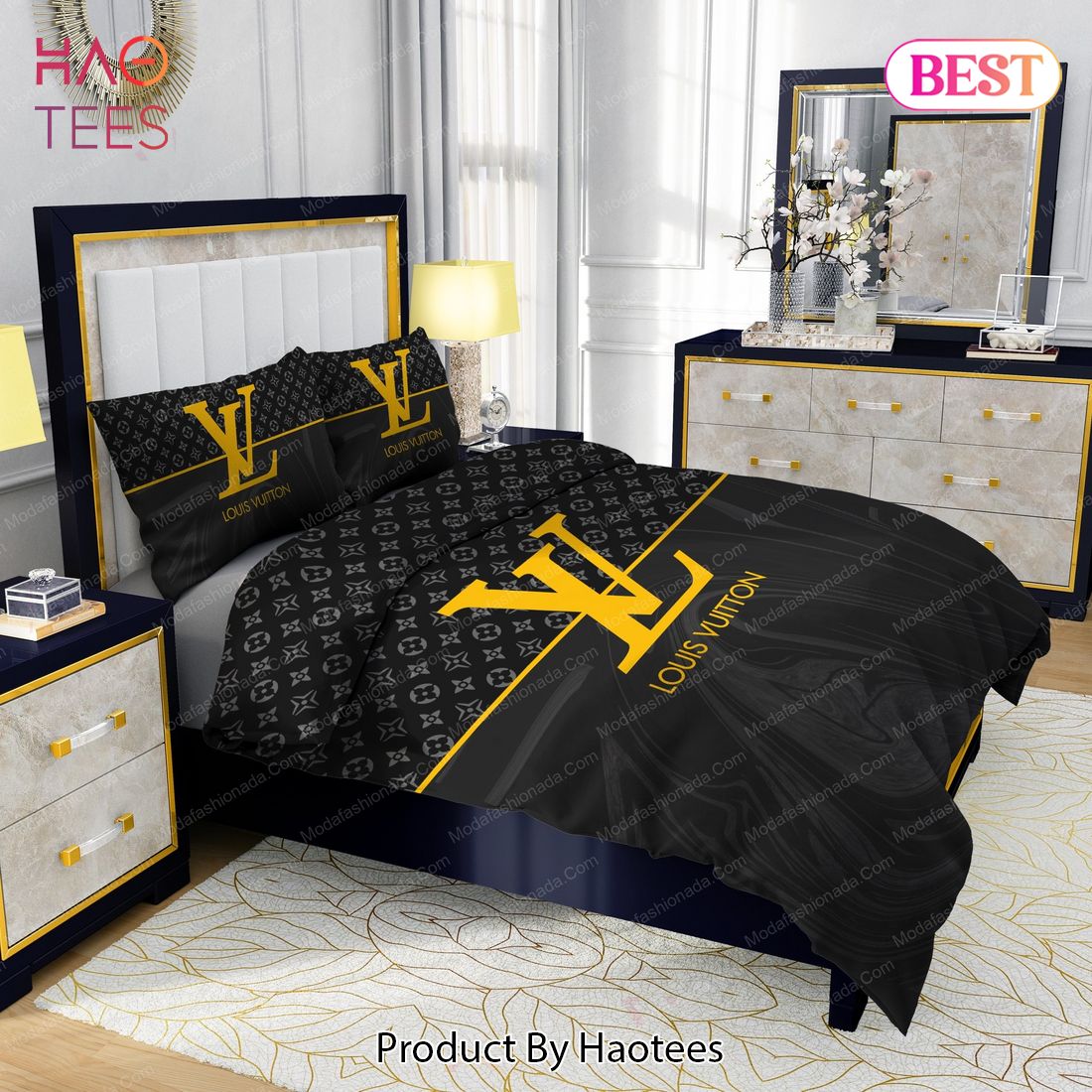 SALE] Louis Vuitton Black Gold Luxury Brand High-End Bedding Set