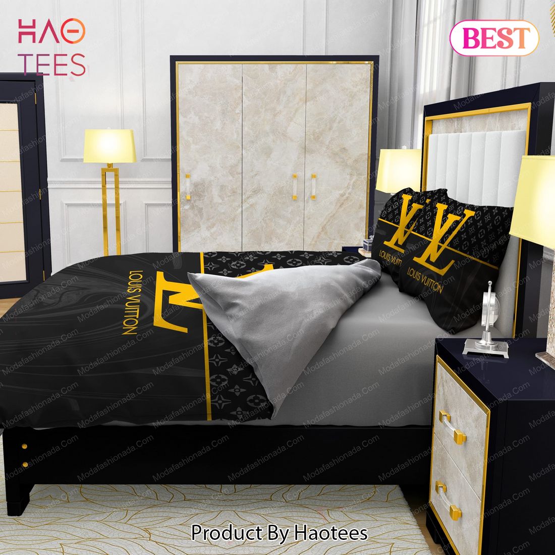 Hot] French Louis Vuitton Luxury Black Gold Bedding Sets