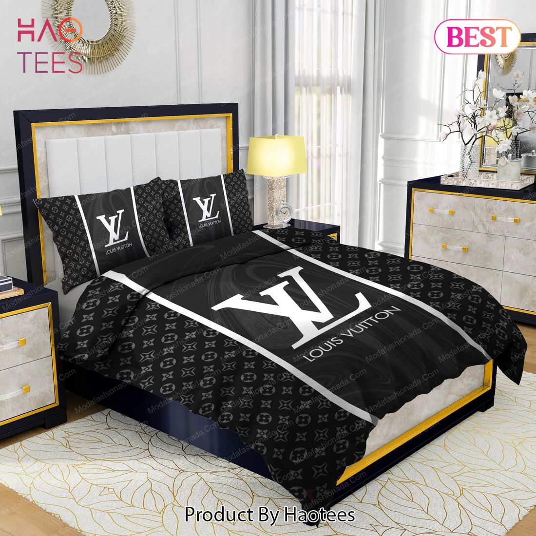 Black Veinstone Bedroom Duvet Cover Louis Vuitton Bedding Set - Binteez