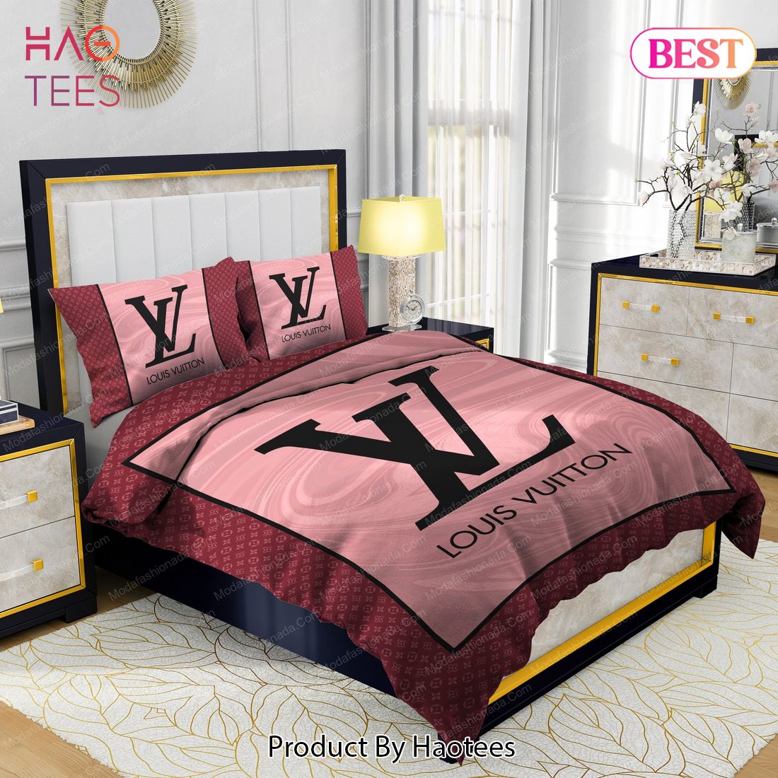 Louis Vuitton Pink Fashion Logo Luxury Brand Bedding Set Home