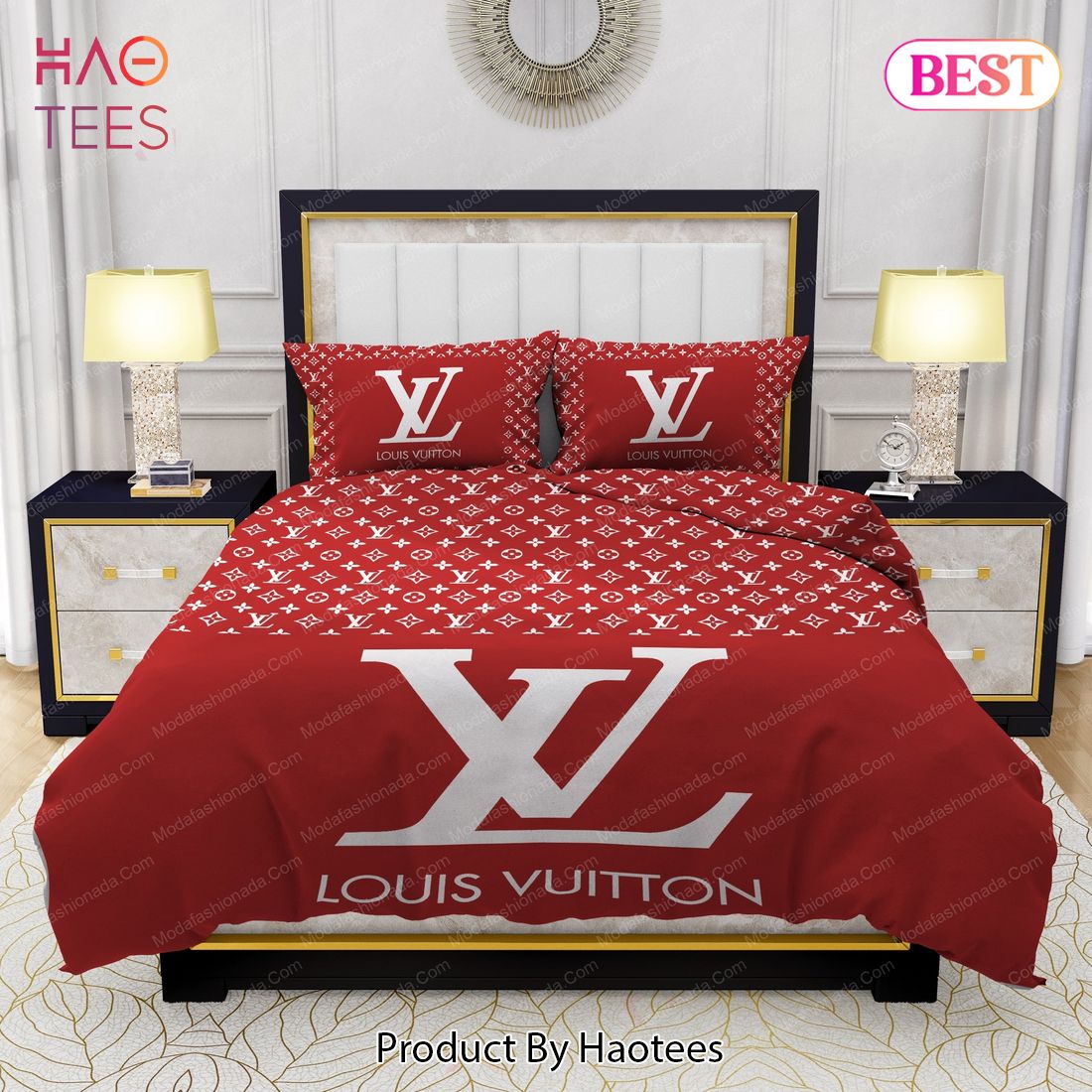 Red Background And White Pattern Louis Vuitton Bedding Sets Bed Sets, Bedroom Sets, Comforter Sets, Duvet Cover, Bedspread