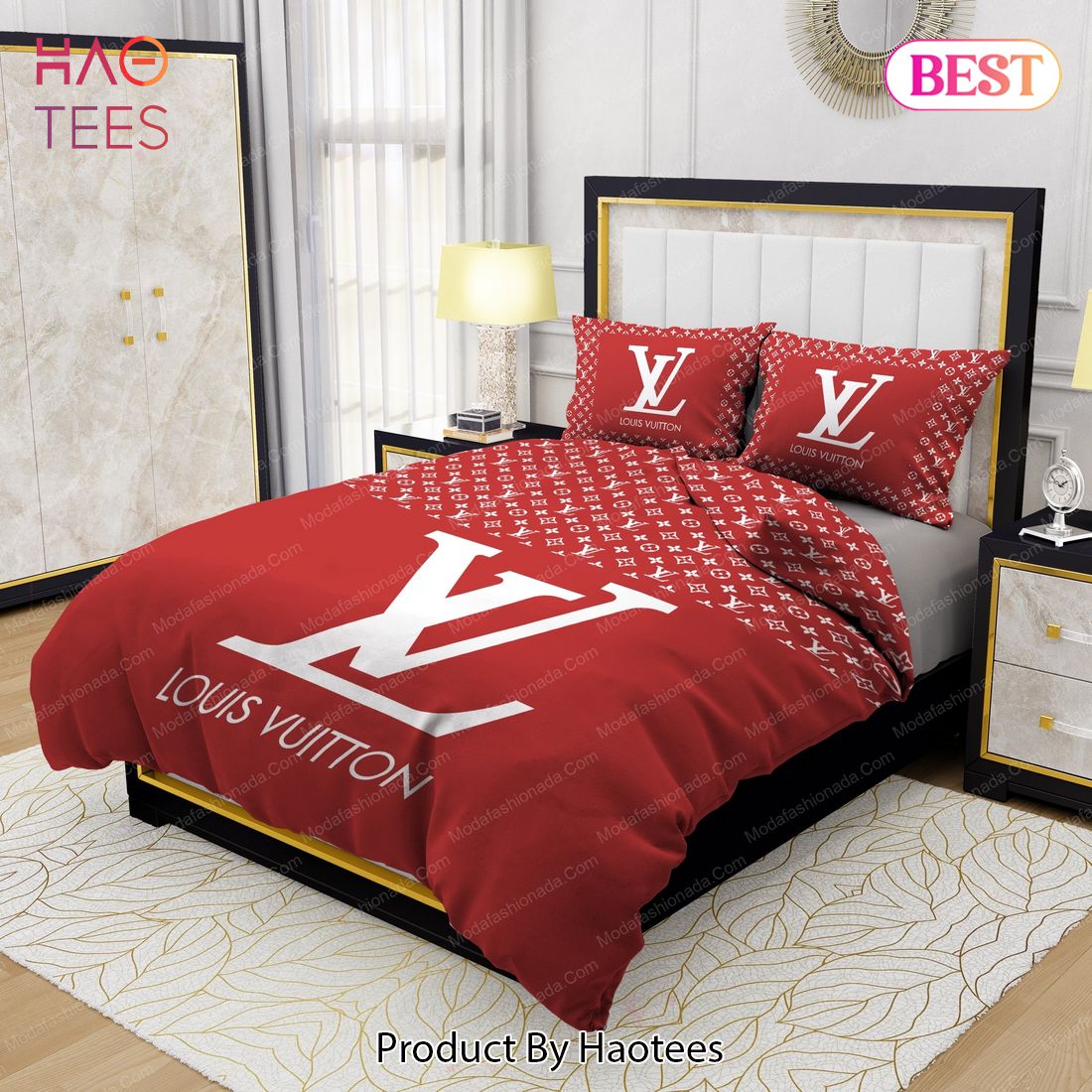 Red Background And White Pattern Bedroom Duvet Cover Louis Vuitton Bedding  Set - Binteez