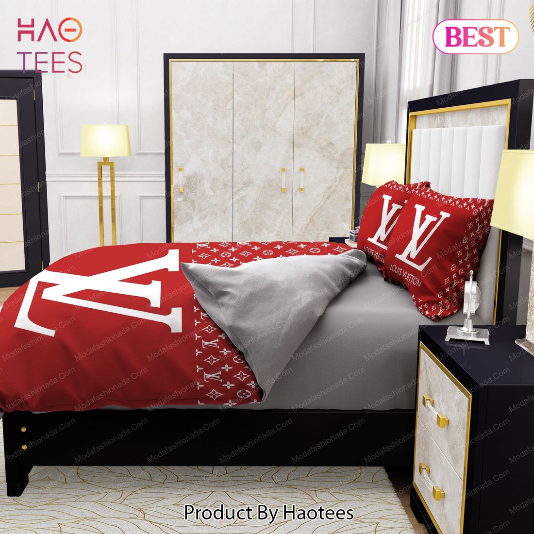 Louis Vuitton Basic Logo In Red Background Bedding Set Queen